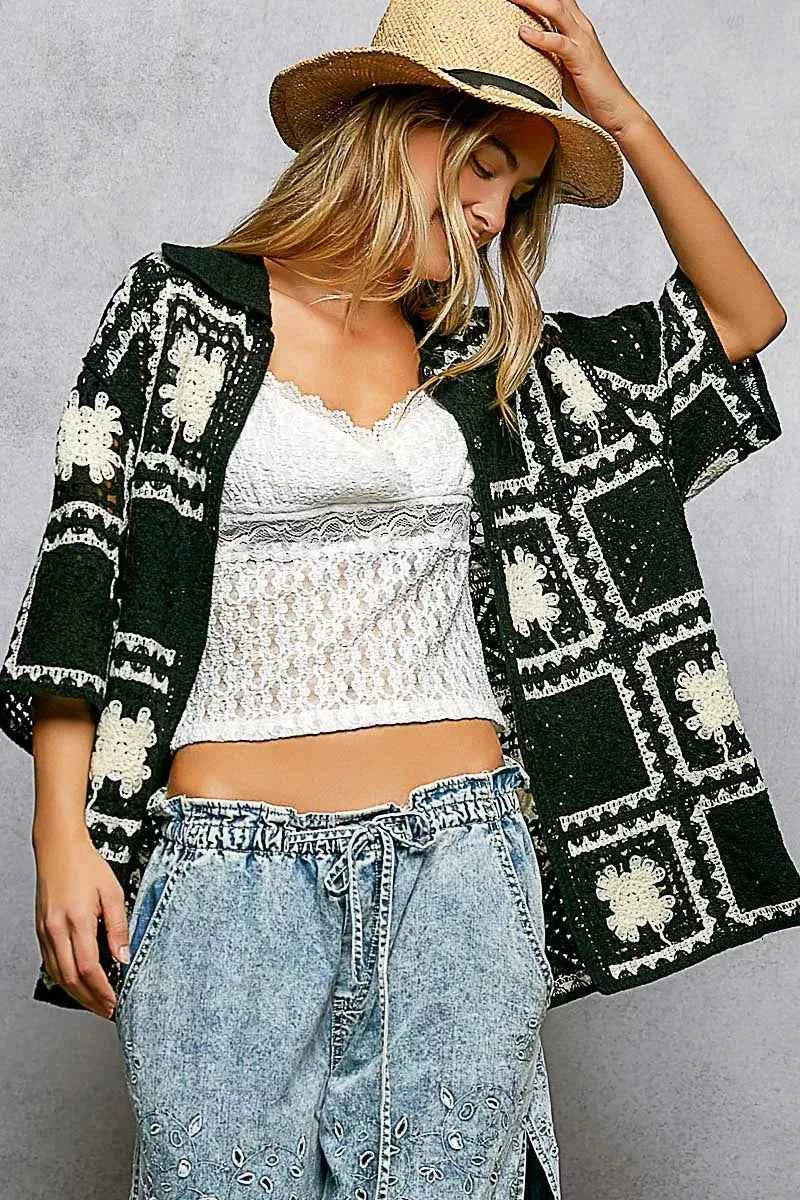 POL Button Down Openwork Floral Crochet Shirt with Granny Square Pattern BLACK MULTI One Size f0d502e3-a466-4a9c-ae68-251344a8fe62-Max-Origin