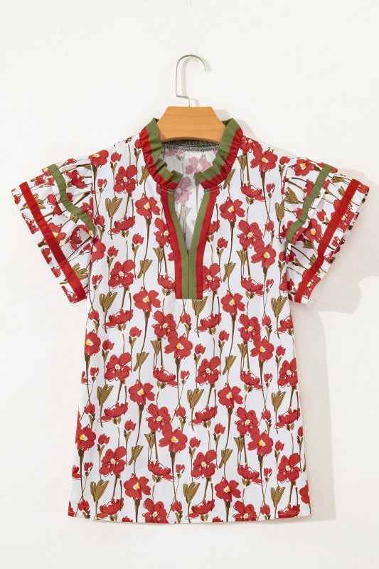 Floral Contrast V-Neck Ruffle Short Sleeve Blouse Red f0ddd460-fed1-4745-b74a-51a6d069b83a