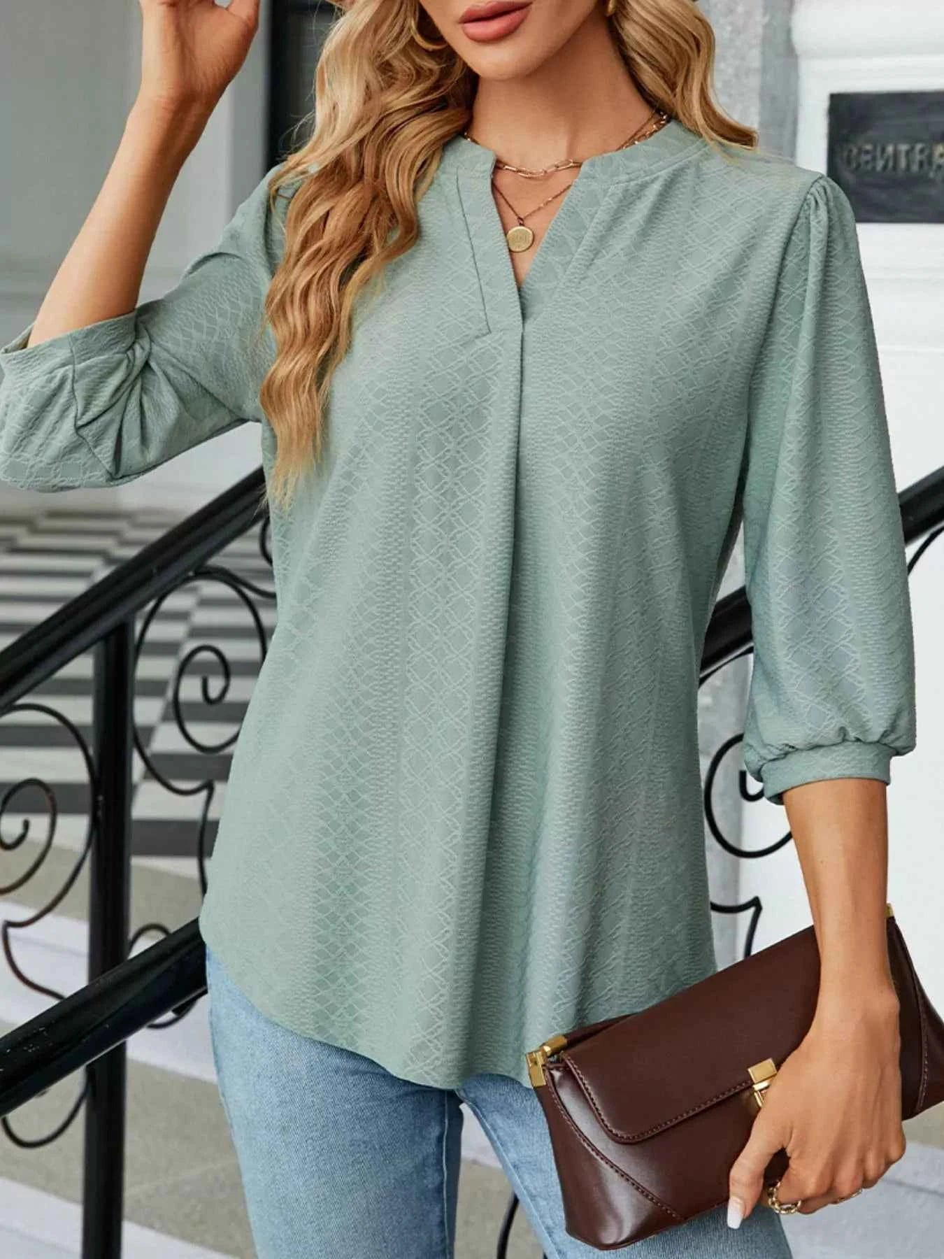 Notched 3/4 Sleeve Casual Top Sage f0e0e221-c9d7-4c58-bc45-4636b9cae806-Max-Origin