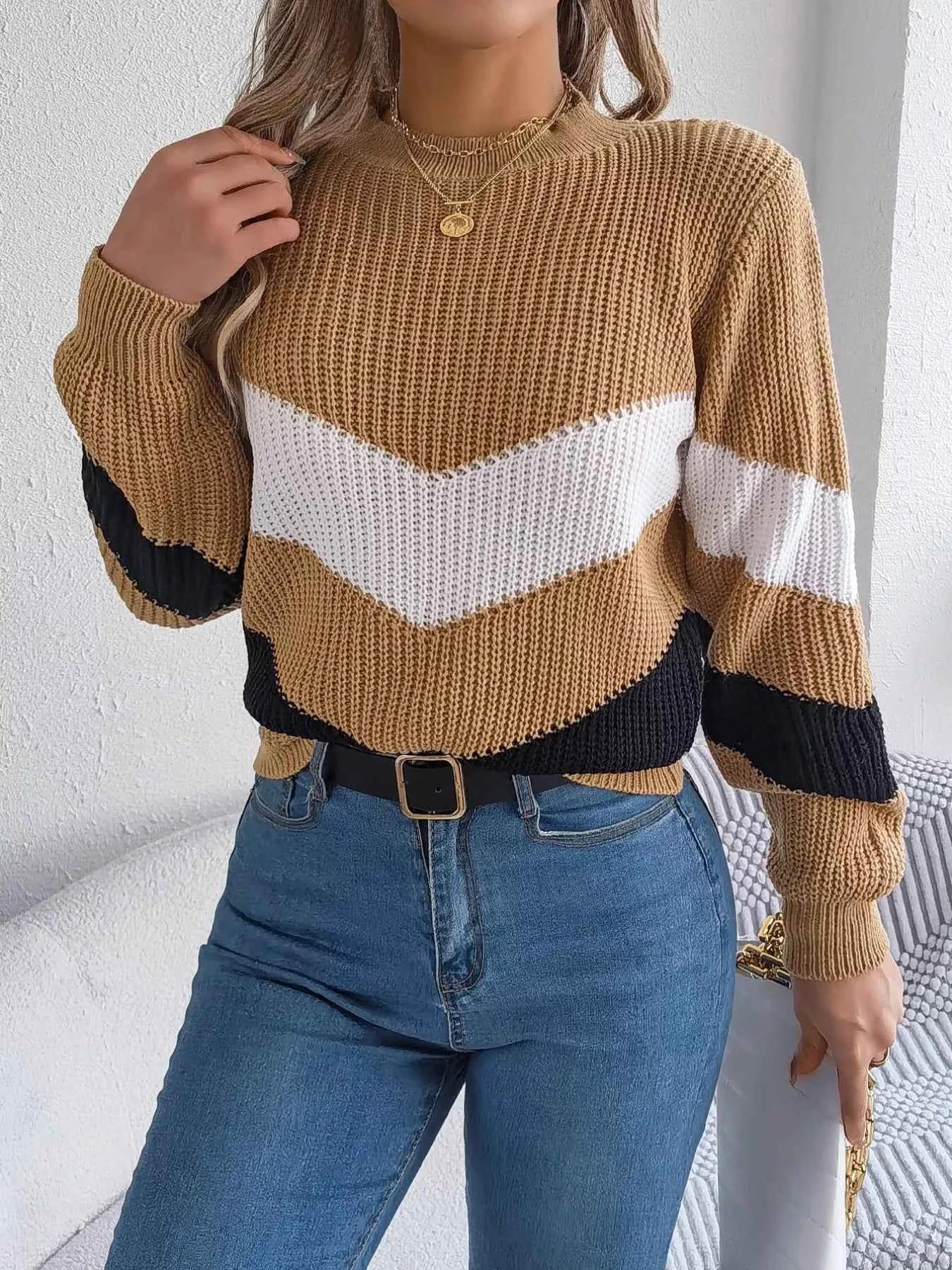 Chevron Stripe Color Block Round Neck Sweater f0e4d620-5269-4942-b661-c3c12d6616e2-Max-Origin