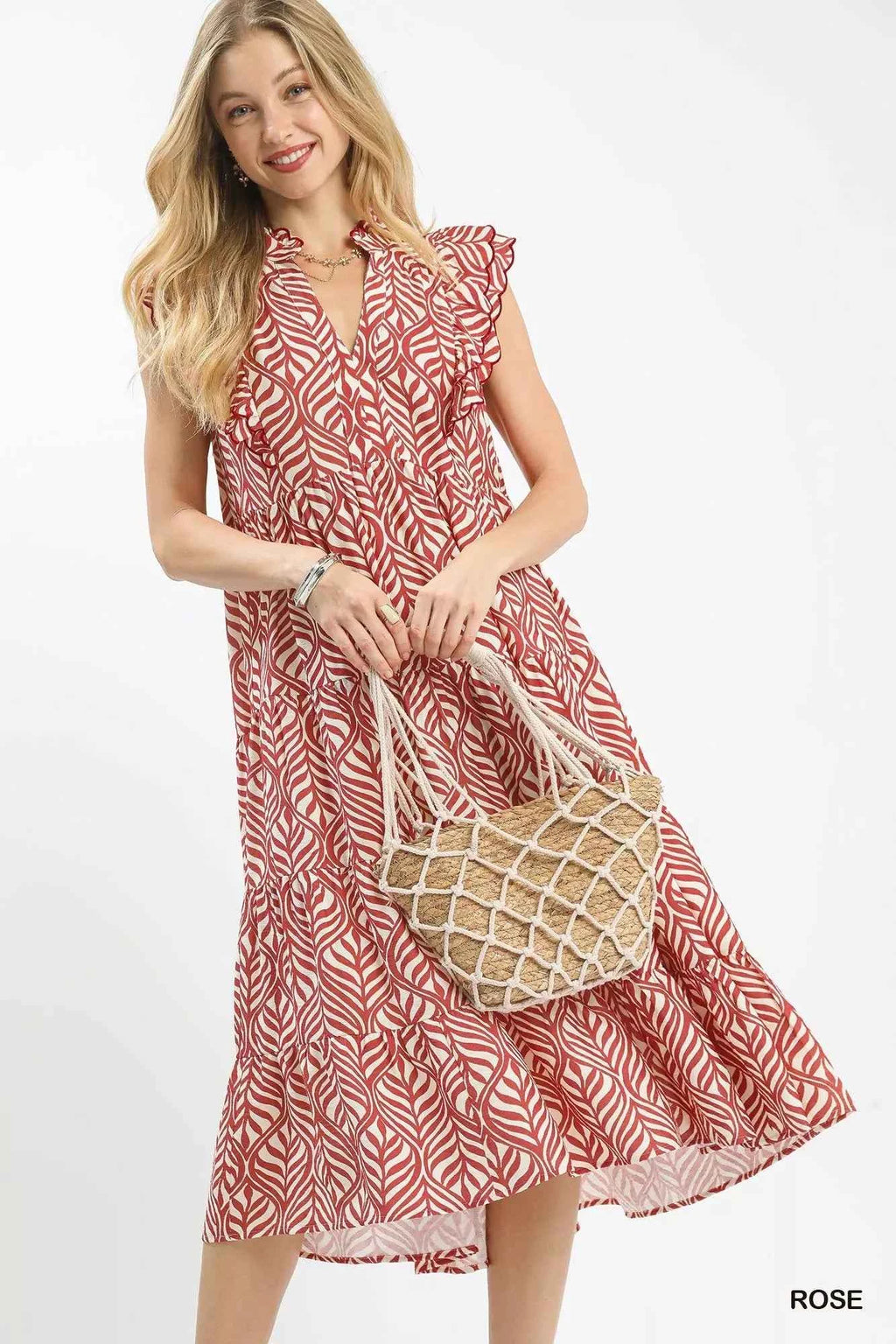 Umgee Leaf Print Tiered Midi Dress with Ruffle Detail ROSE f0ea11a6-3e04-41a4-bb67-4d5947e53548-Max-Origin