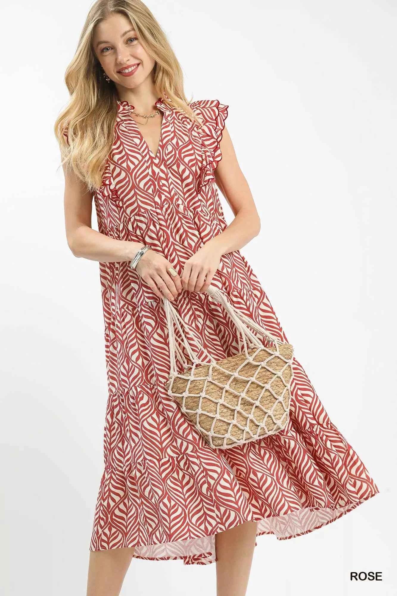 Umgee Leaf Print Tiered Midi Dress with Ruffle Detail ROSE f0ea11a6-3e04-41a4-bb67-4d5947e53548-Max-Origin