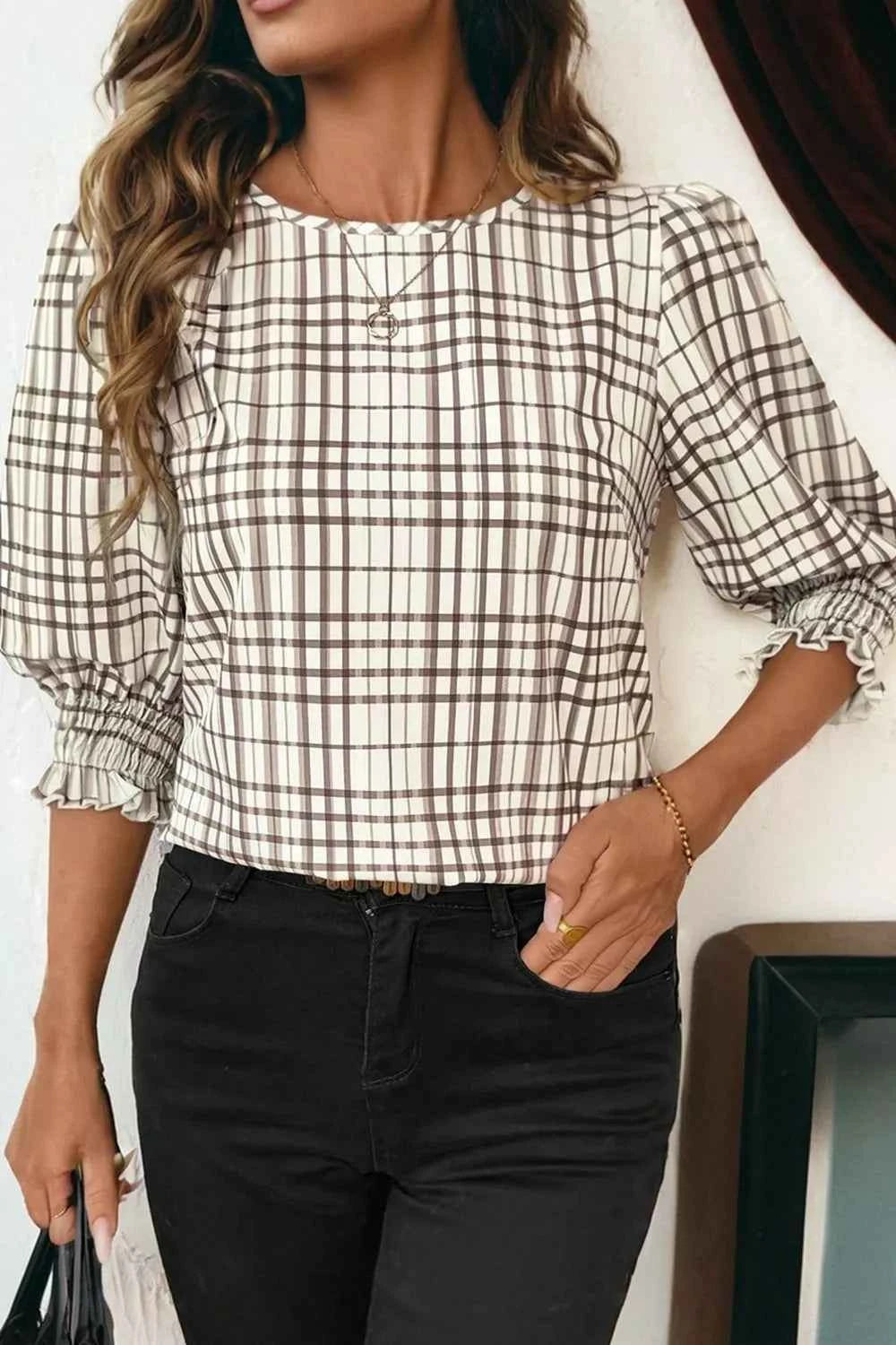 Plaid Round Neck Half Sleeve Blouse f0ed0c8b-72e9-4b6c-a0fb-b44a0ecb501d-Max-Origin