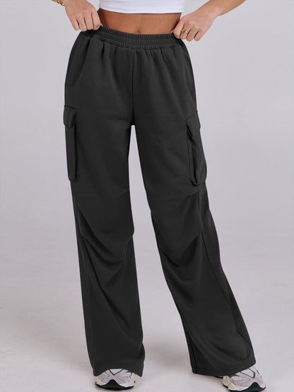 Elastic Waist Wide Leg Pants with Pockets