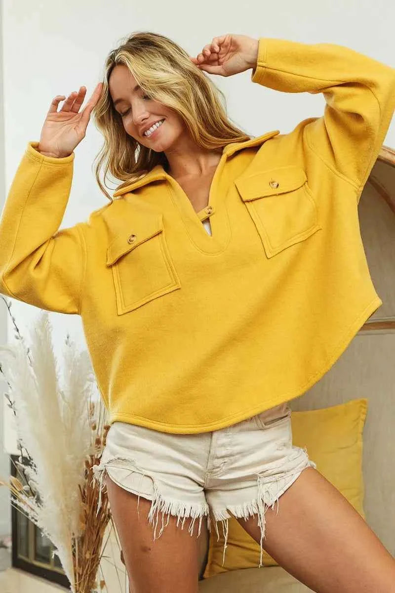 BiBi Flap Pockets Fleece Collared Sweatshirt f0fa41a93d45409486b6dcdbc6fbeebd-Max-Origin
