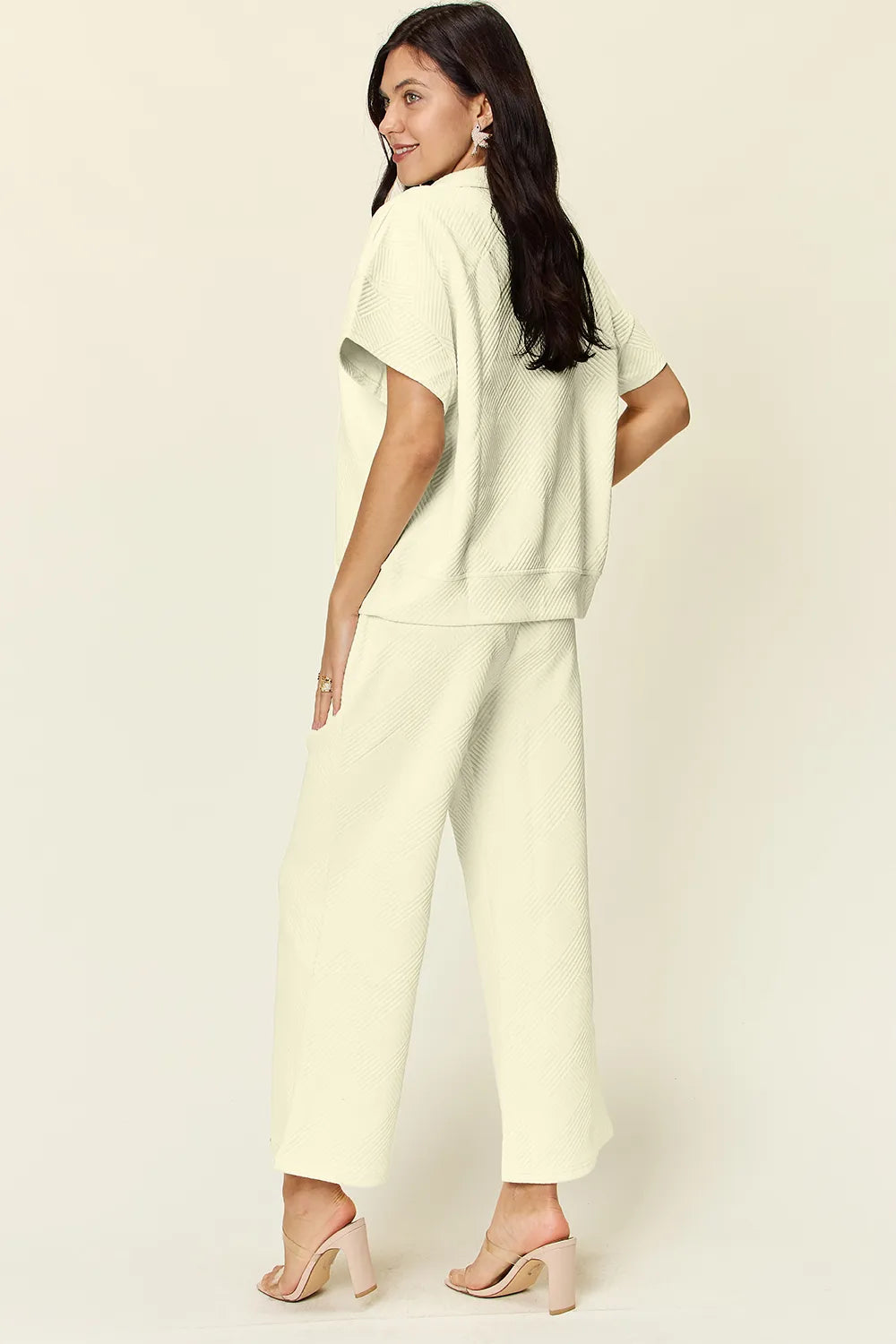 Double Take Full Size Texture Half Zip Short Sleeve Top and Pants Set f109aaa1-0e3d-4d26-8c5f-14189547d8d1-Max