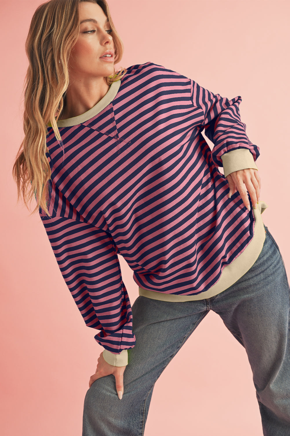 Black Stripe Contrast Edge Cross Seam Oversized Sweatshirt f10af8104ea7c87b