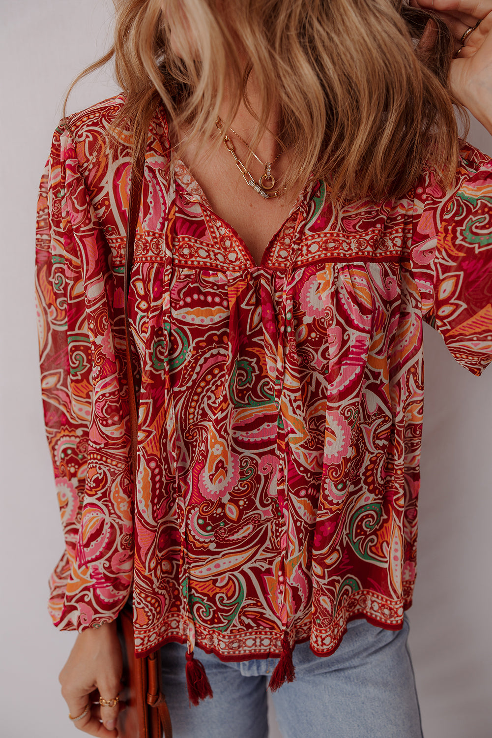 Multicolour Ethnic Paisley Print Tassel Tie Puff Sleeve Boho Blouse f1137ba300d05ae6