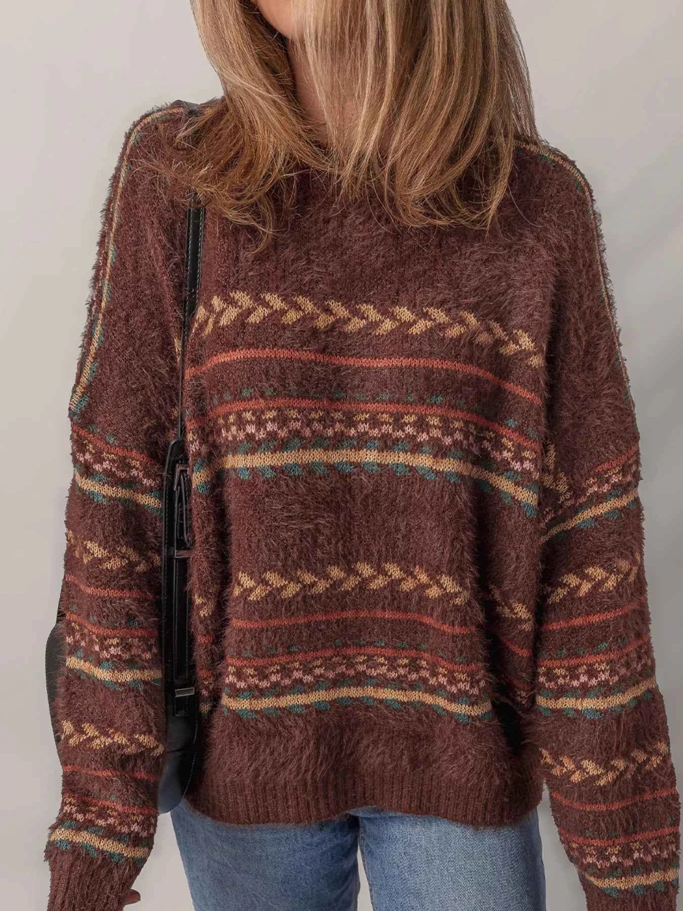 Ethnic Pattern Mohair Knitted Drop Shoulder Sweater Brown f11550fb86f9409a96da6e984e00e8ec-Max-Origin