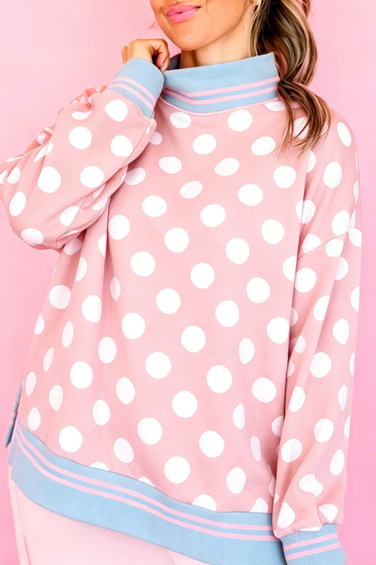 Pink ka Dot Striped Trim Mock Neck Sweatshirt Pink 100%Polyester f1156b61d787f1d6