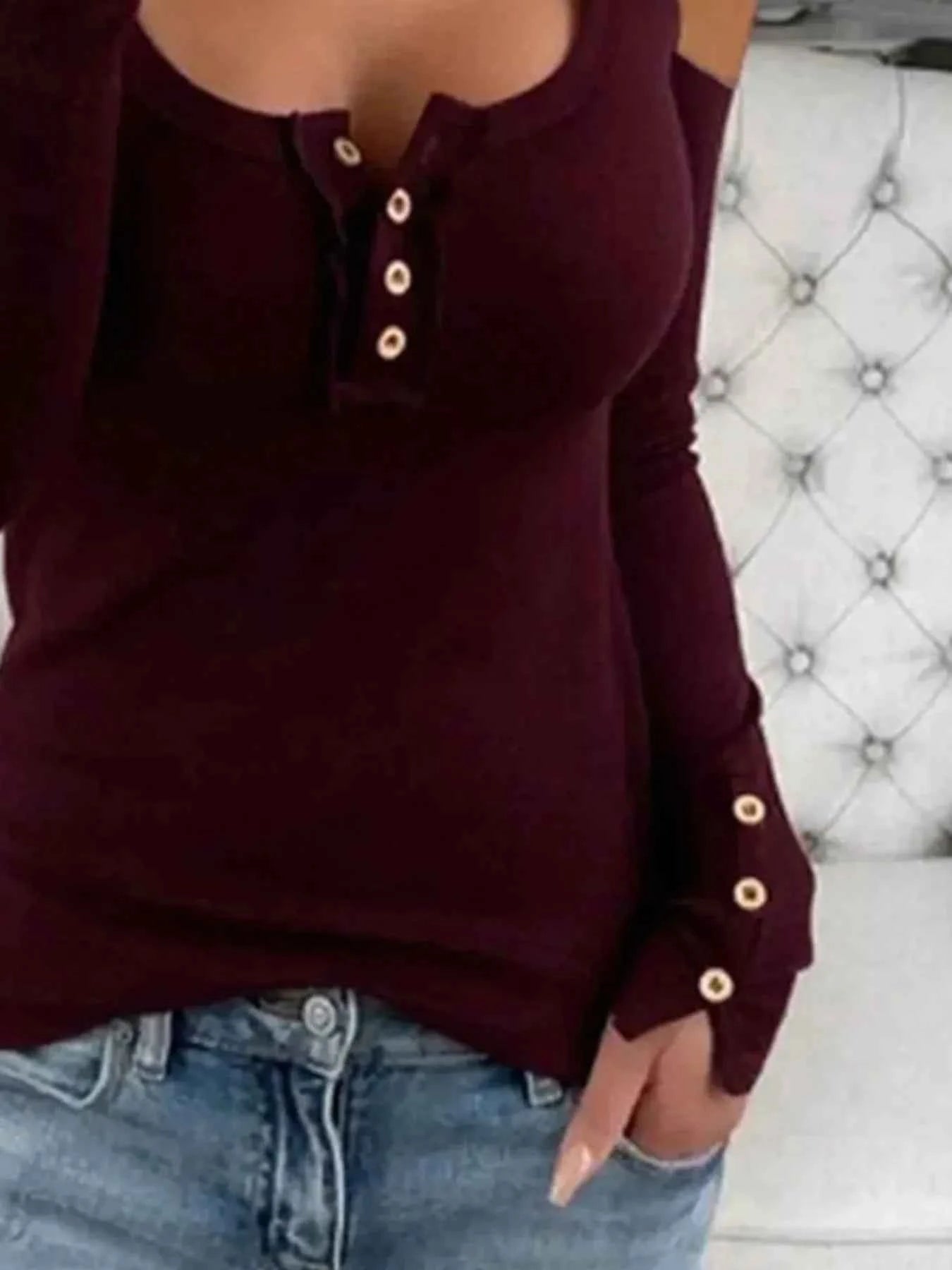 Cold Shoulder Ribbed Henley T-Shirt with Button Detail f1168d73-a452-4740-9ade-c2a2523226cf-Max-Origin