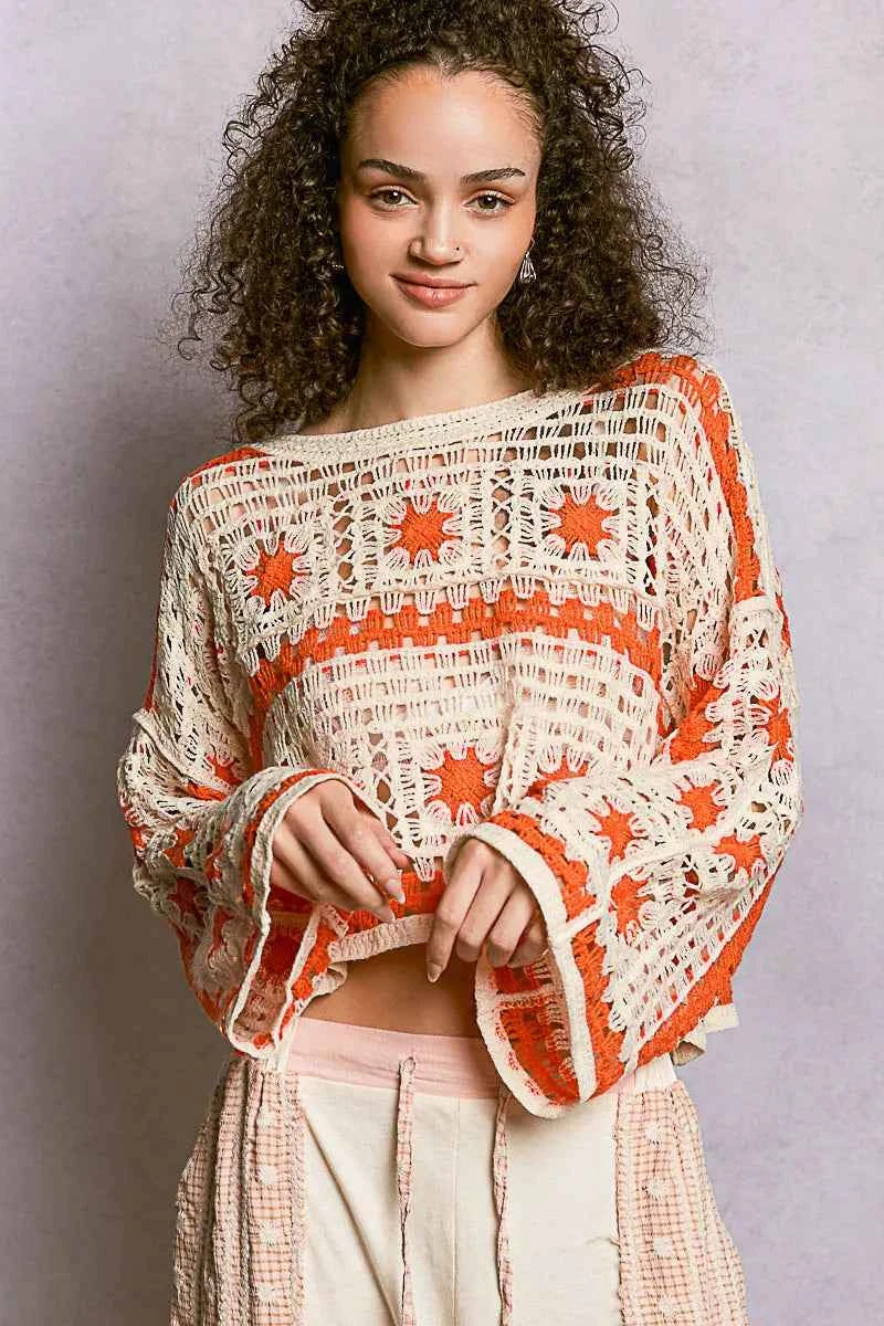 POL Boat Neck Long Sleeve Crochet Top with Granny Square Weaving f1183bfb-eb3e-4416-a3e3-92530f535407-Max-Origin