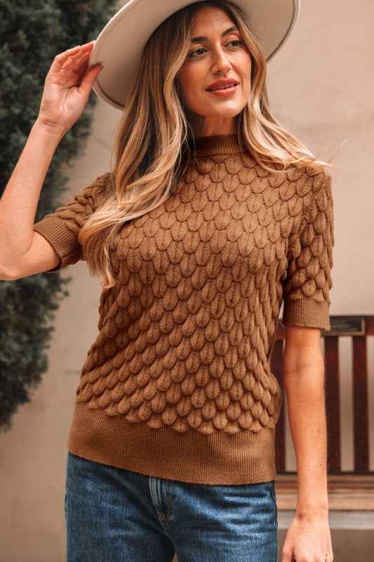Fish Scale Textured Knit Short Sleeve Sweater Straw Yellow f11ba200-0054-4d11-9e81-dfce7c056a9d