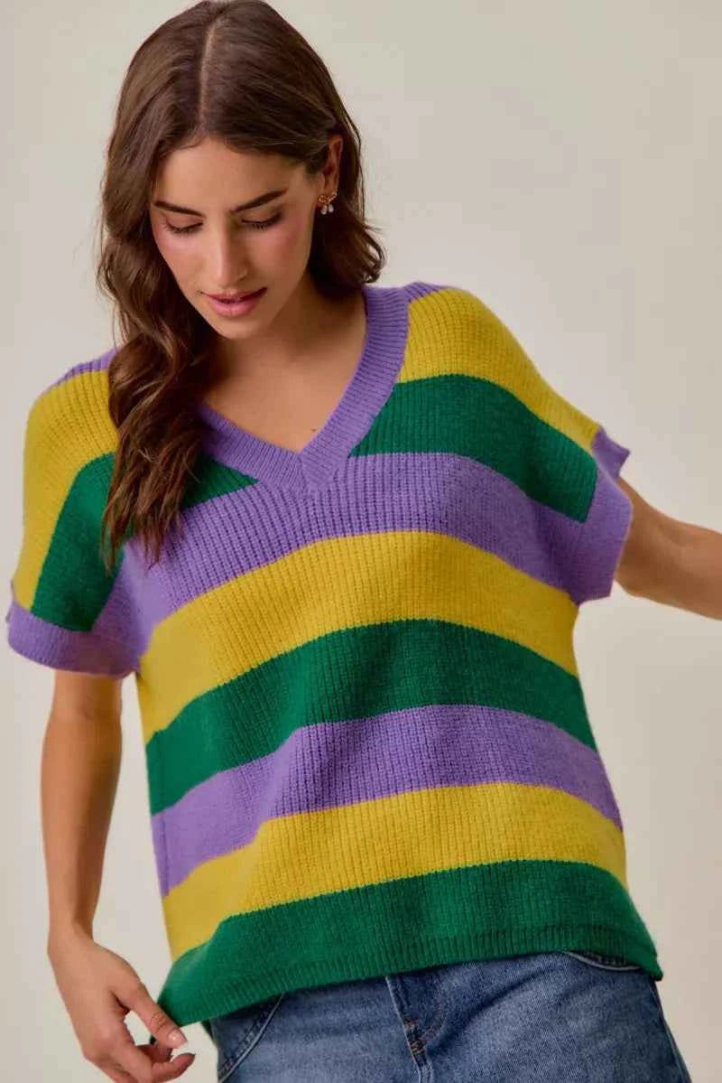 SO ME Mardi Gras Loose Fit V Neck Stripe Sweater Top f11bbcf4f72f49668c03f126f67b7d3e-Max-Origin