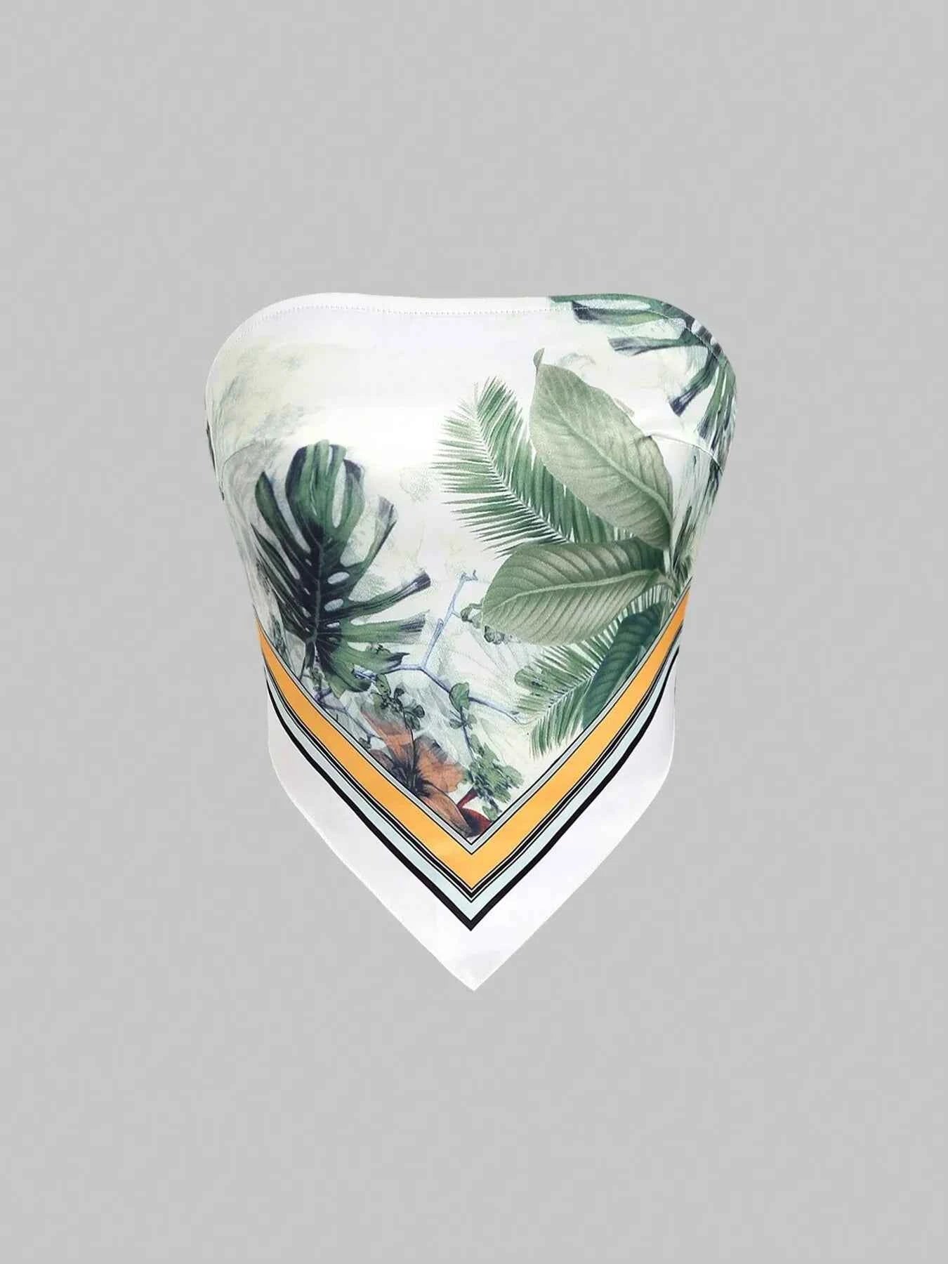 Tropical Leaf Print Smocked Tube Top Green f11ca752c8844e6993695540abc7044e-Max-Origin