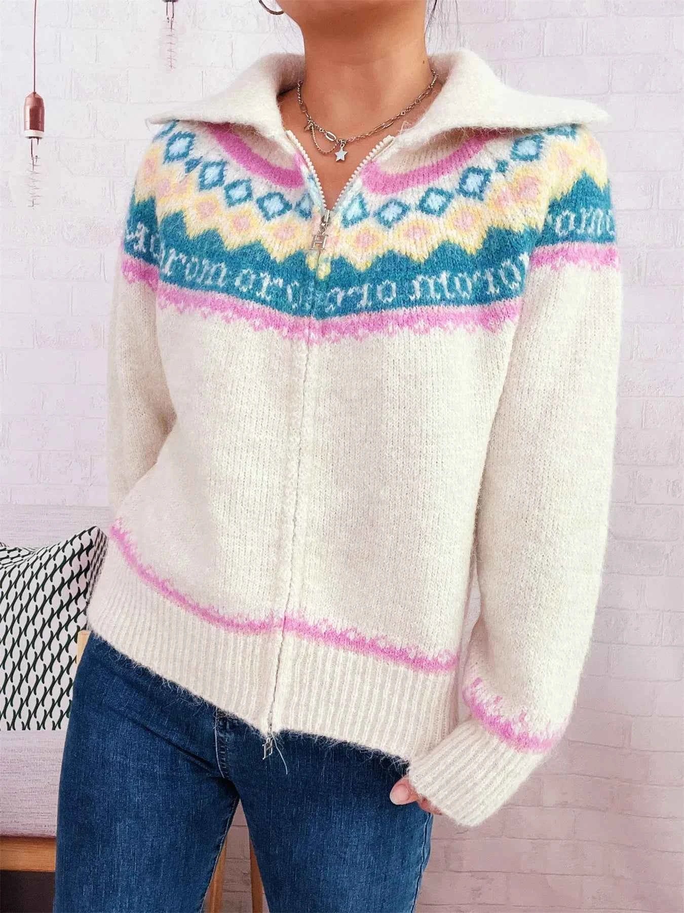 Fair Isle Pattern Zip-Up Cardigan f11eca2284d04b0bb73600f9c18658a3-Max-Origin