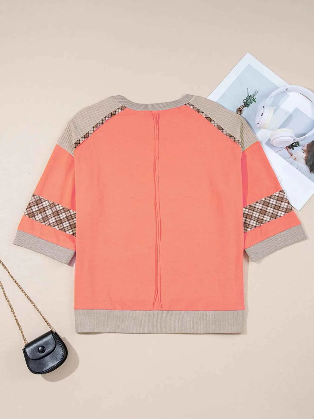 Plaid Waffle Flower Patchwork Contrast Top f11fd82a29764fc1aa85f8f26b33cbb8-Max-Origin