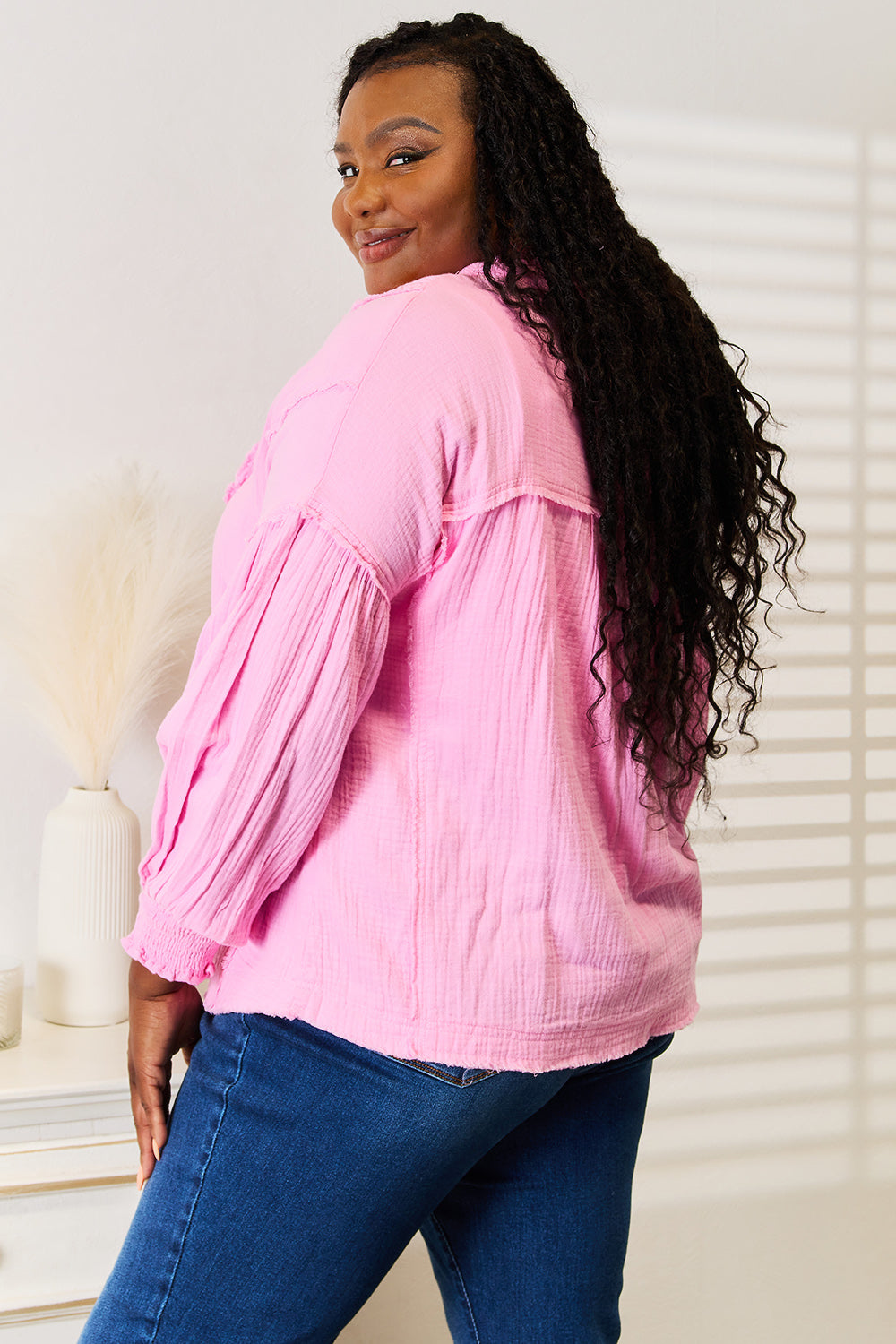 Double Take Exposed Seam Buttoned Notched Neck Blouse f126eaa14e994acd9d1001bb92338c70-Max