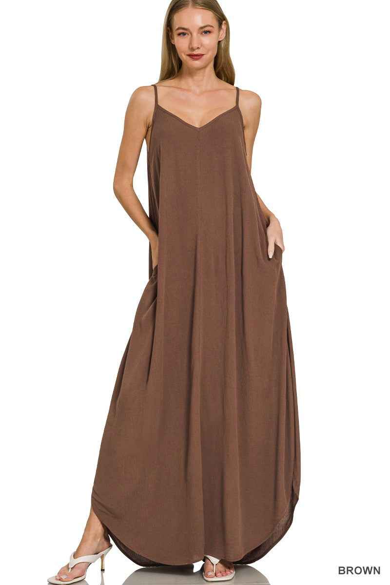 Zenana Woven Crinkle Cami Maxi Dress with Side Pockets f12889eb47fe4e5d8823c94fa52424d3-Max