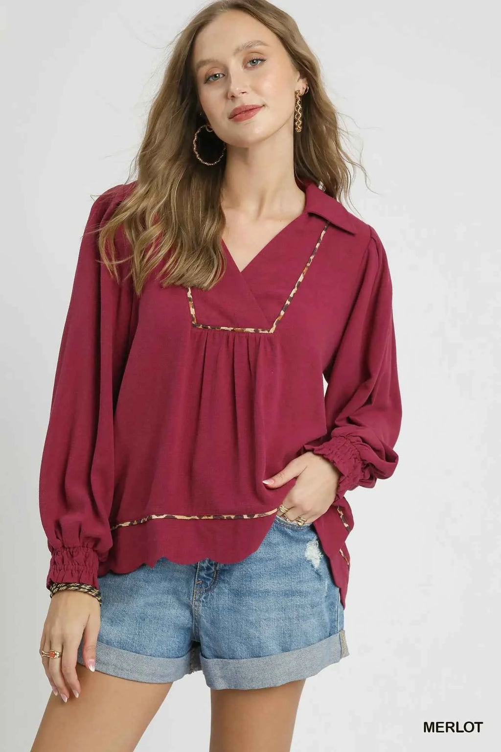 Umgee Full Size Linen Scallop Hem Blouse with Contrast Trim Plus Size MERLOT f128c02c-c518-493a-a8c6-2643085649ff-Max-Origin