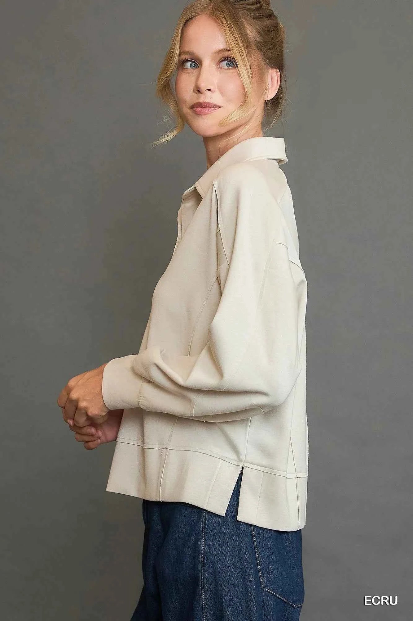 Umgee Collared Neck Long Sleeve Top with Raw Hem Detail f12e63a5-fded-47c2-ad48-5c7bdfc81ed0-Max-Origin