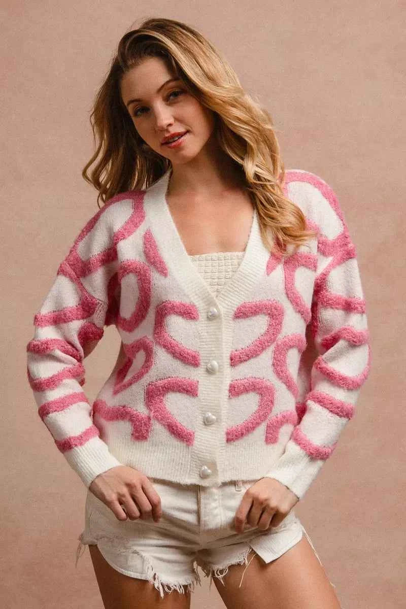 BiBi Textured Heart Buttoned V Neck Cardigan f12ff7574172465eb008a55e509ca4e0-Max-Origin