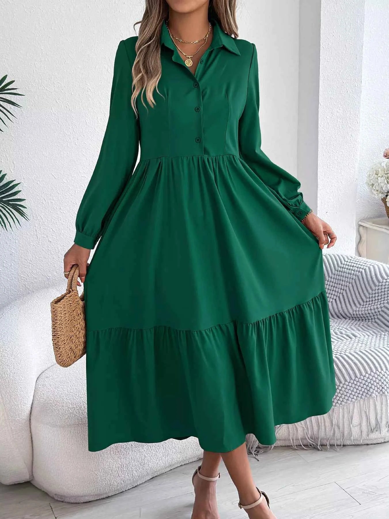 Long Sleeve Tiered Button Front Midi Dress Dark Green f133a3af0e244be2aa5416595629011a-Max-Origin