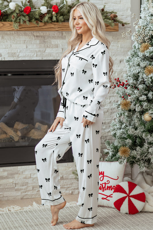 White Bows Print Two Piece Sleepwear f13759b3253e213d