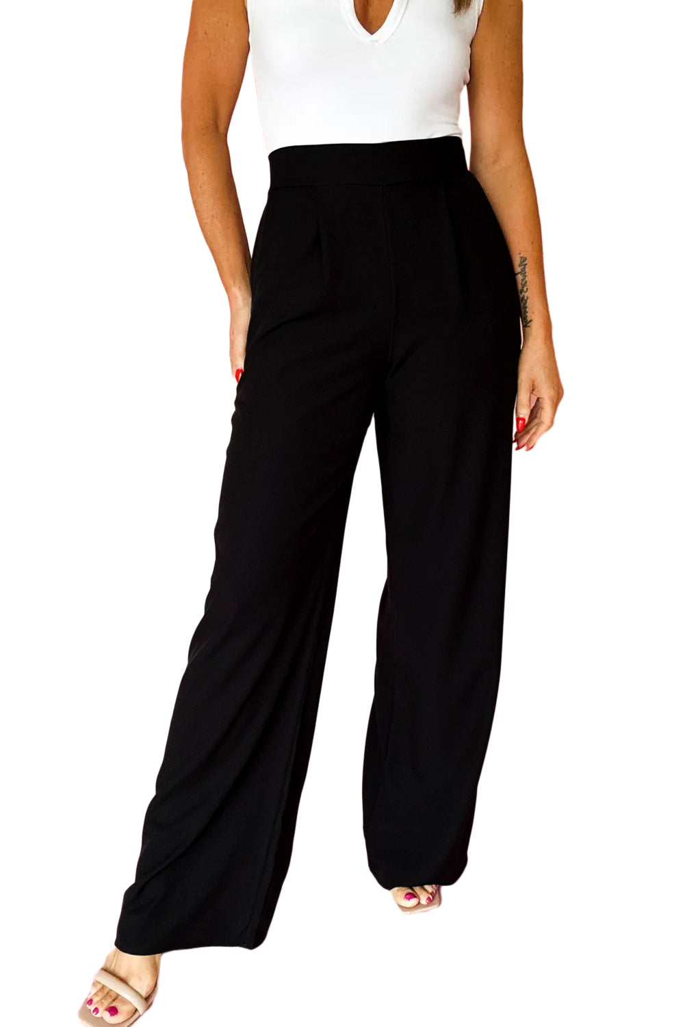 Black Pleated Detail Pull On Pants Black 97%Polyester+3%Elastane f13942e61b5df07d