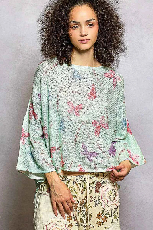 POL Butterflies Pattern Round Neck knit Top with Outseam Rolling Edge APPLE MINT f13950f2-ce18-4c87-80a9-9c9d29d9ea14-Max-Origin