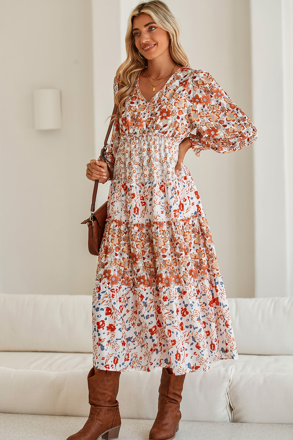 Khaki Floral Print Ruffled Tiered Long Sleeve V Neck Midi Dress f13ae823ca85b32f