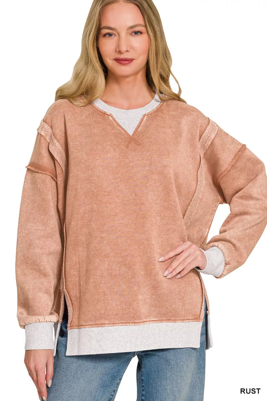 Fleece Acid Washed Contrast Trim Sweatshirt RUST f13b02bf-78cd-4851-9098-090a44dfc442-Max-Origin