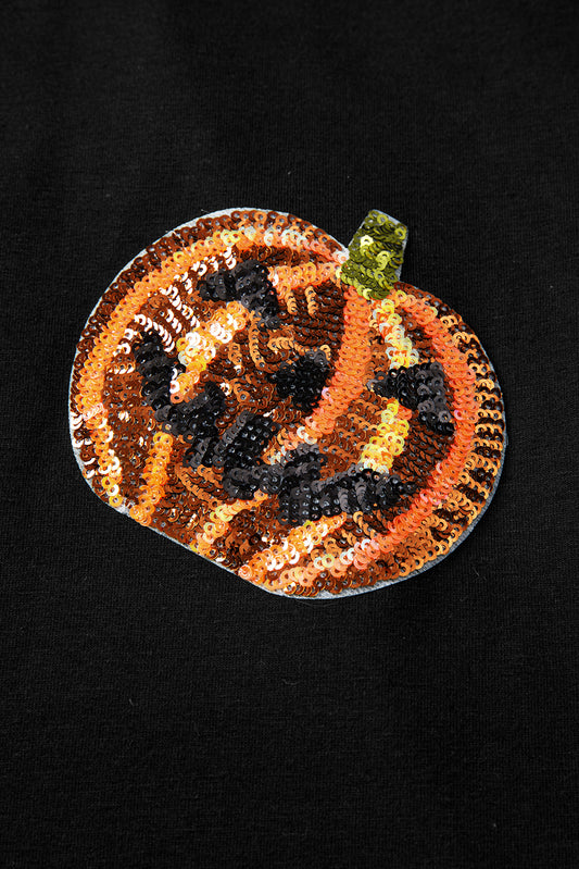 Black Halloween Sequin Pumpkin Face Graphic T Shirt f13d55c42db8855a
