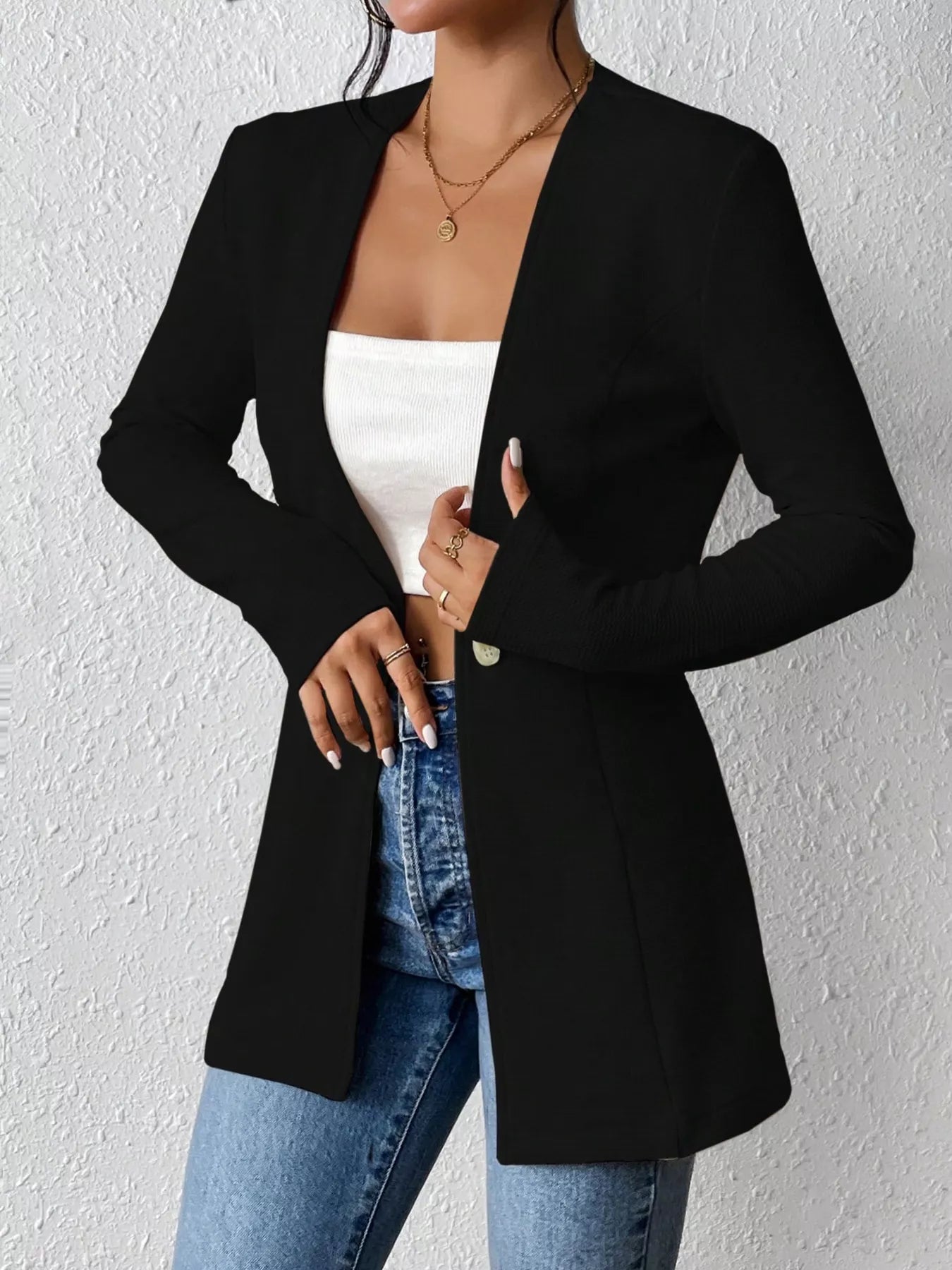 One Button Long Sleeve Blazer f148edae2df84a0584a824496e60bebf-Max-Origin