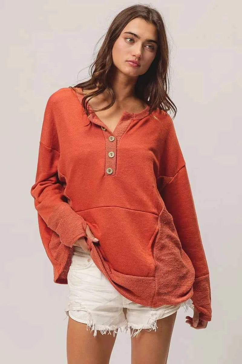 French Terry Knit Side Block Buttoned Henley Top f14a70efe8a34560920de30b864ae06e-Max-Origin