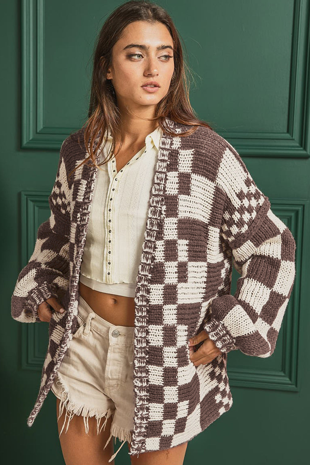 Dark Grey Colorblock Checked Loose Fit Open Front Knitted Cardigan f150052c608910eb