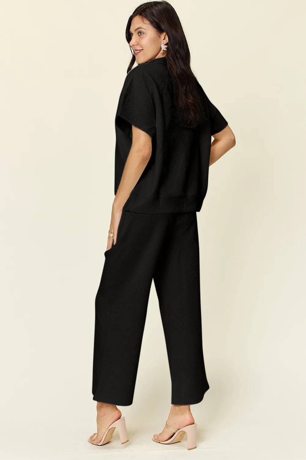 Double Take Full Size Texture Half Zip Short Sleeve Top and Pants Set f154b6a1-7f1e-49a5-8633-6d558b18d13b-Max