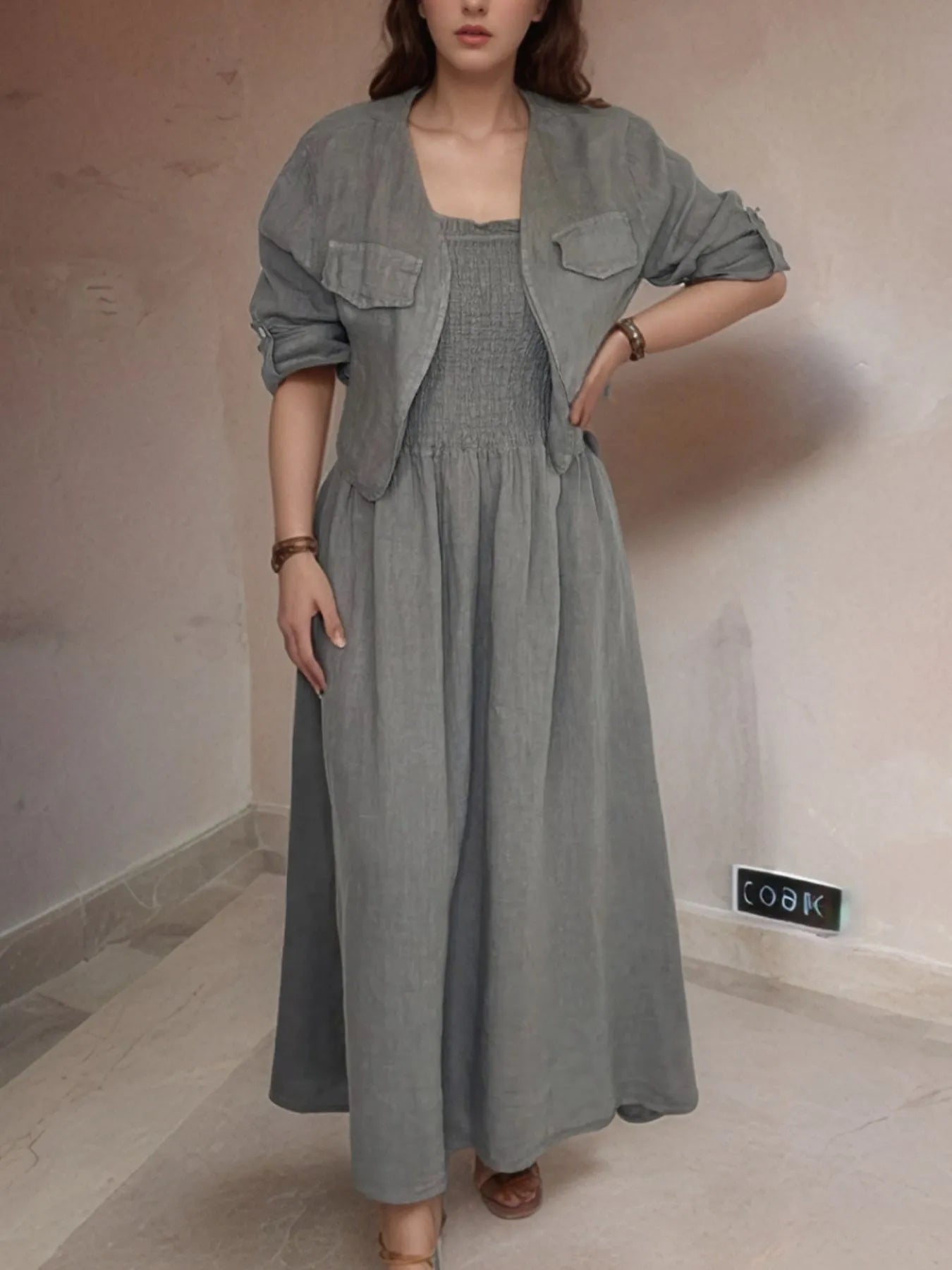 Full Size Smocked Cami Dress and Jacket Set Plus Size Gray f1553d55-4ee1-4a8a-a37f-eb5cc357d978-Max-Origin
