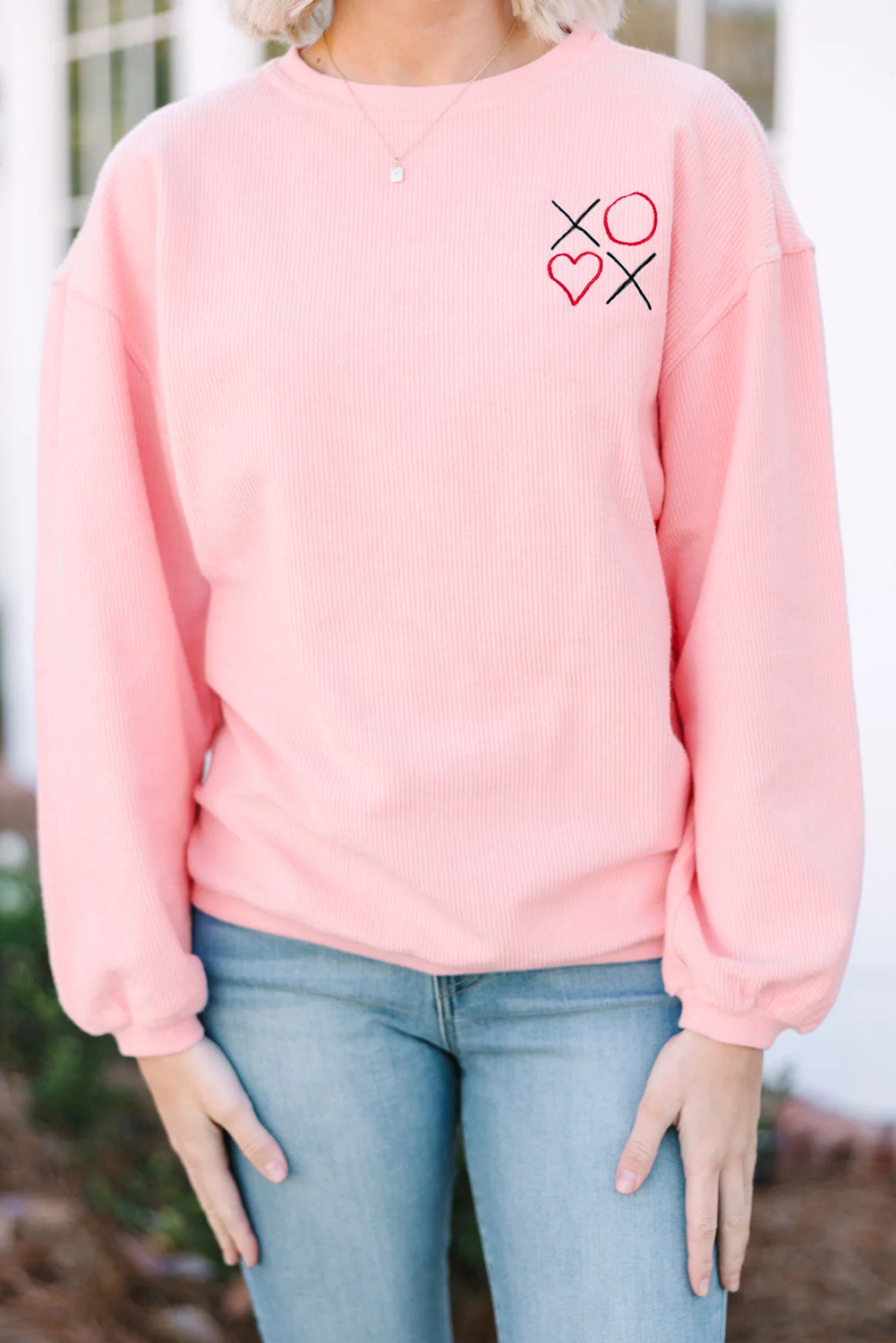 Pink 3d Ribbed XOXO Heart Embroidered Drop Shoulder Sweatshirt f15ae089b9873e2e