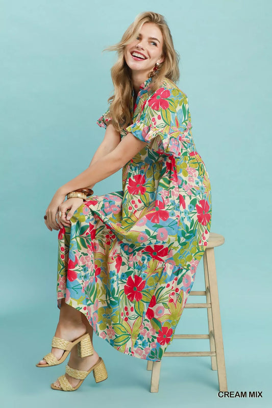 Tropical Floral Ruffle Sleeve Tiered Midi Dress f15c1213-15a8-41ca-83b2-e9b7ec913cba-Max-Origin