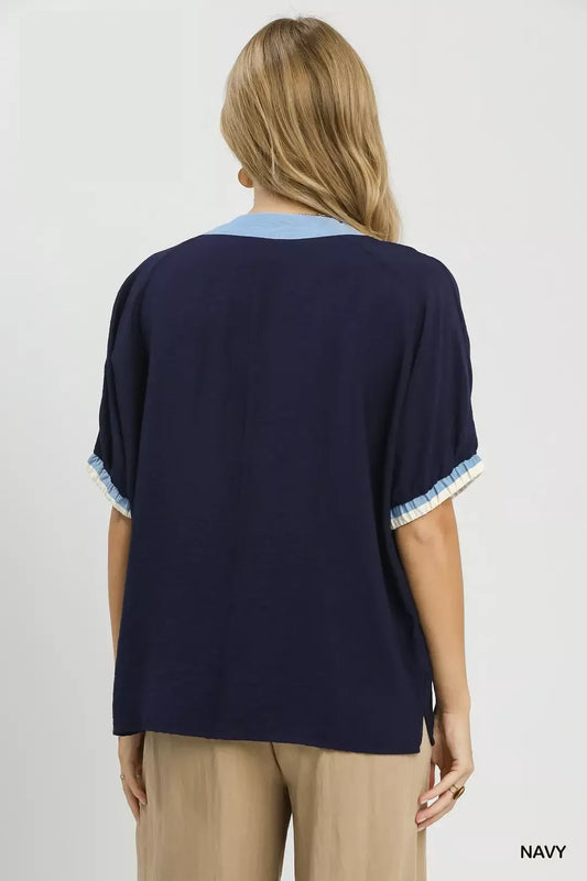 Embroidered Floral V-Neck Short Sleeve Blouse with Contrast Trim f15cca56-3bb9-46e1-867f-c2c4456e2dae-Max-Origin