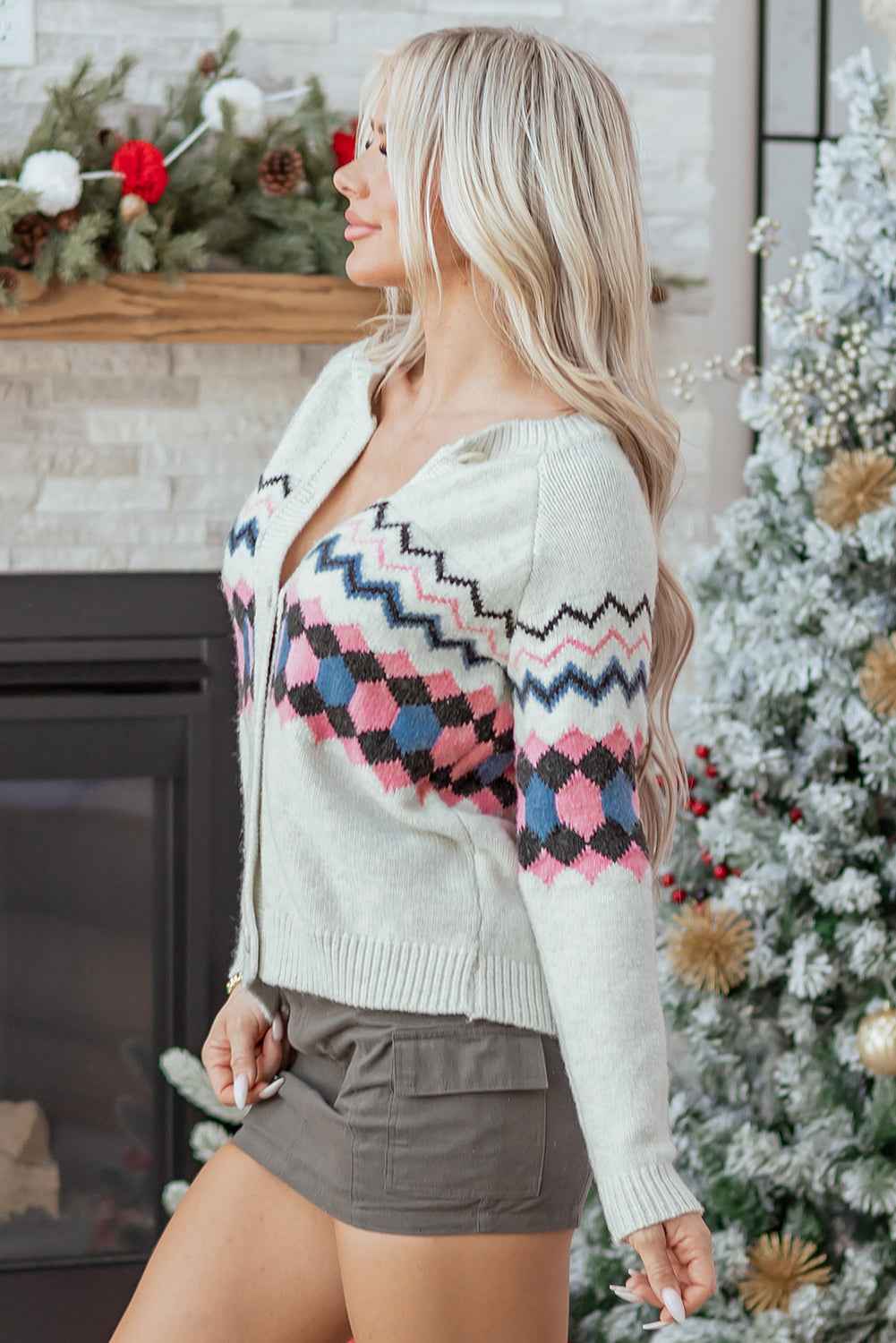Pink Stripe Geometric Button Up Sweater Cardigan f1651e3bcada74af