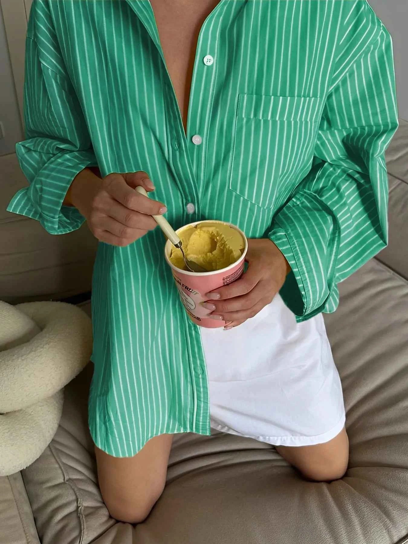 Oversized Striped Button-Down Shirt Green f16768ad-098f-43e4-8db7-d455bc5b2b19-Max-Origin