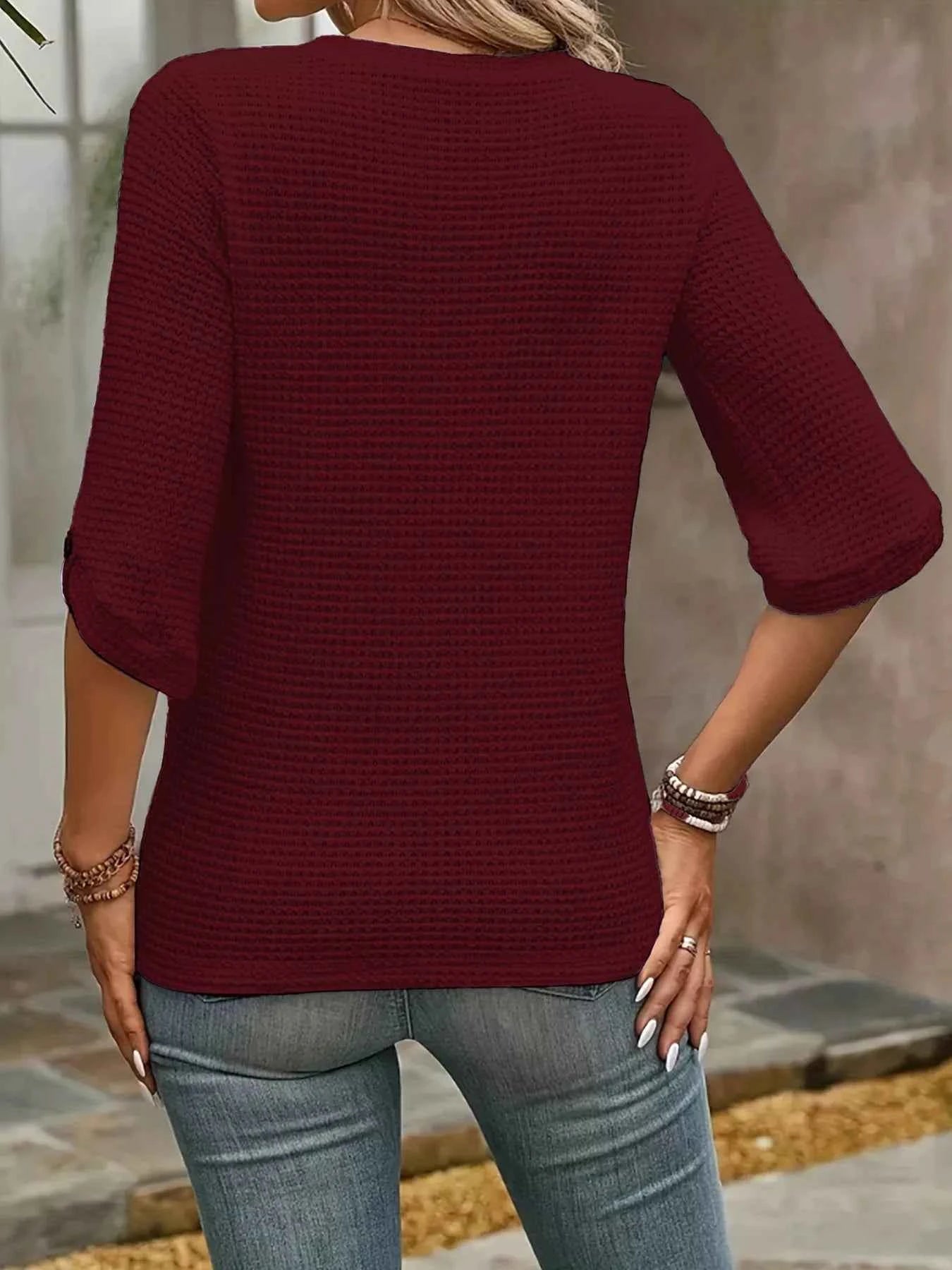 Waffle-Knit Round Neck Knit Top f16b83401e5443728e8c3b5fe14bbfe0-Max-Origin