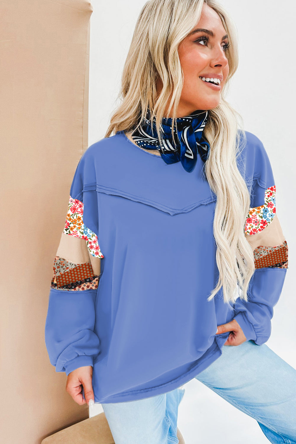 Khaki Exposed Seam Floral Mixed Patchwork Plus Size Top Blue 80%Polyester+20%Cotton f173df64437a0aa3