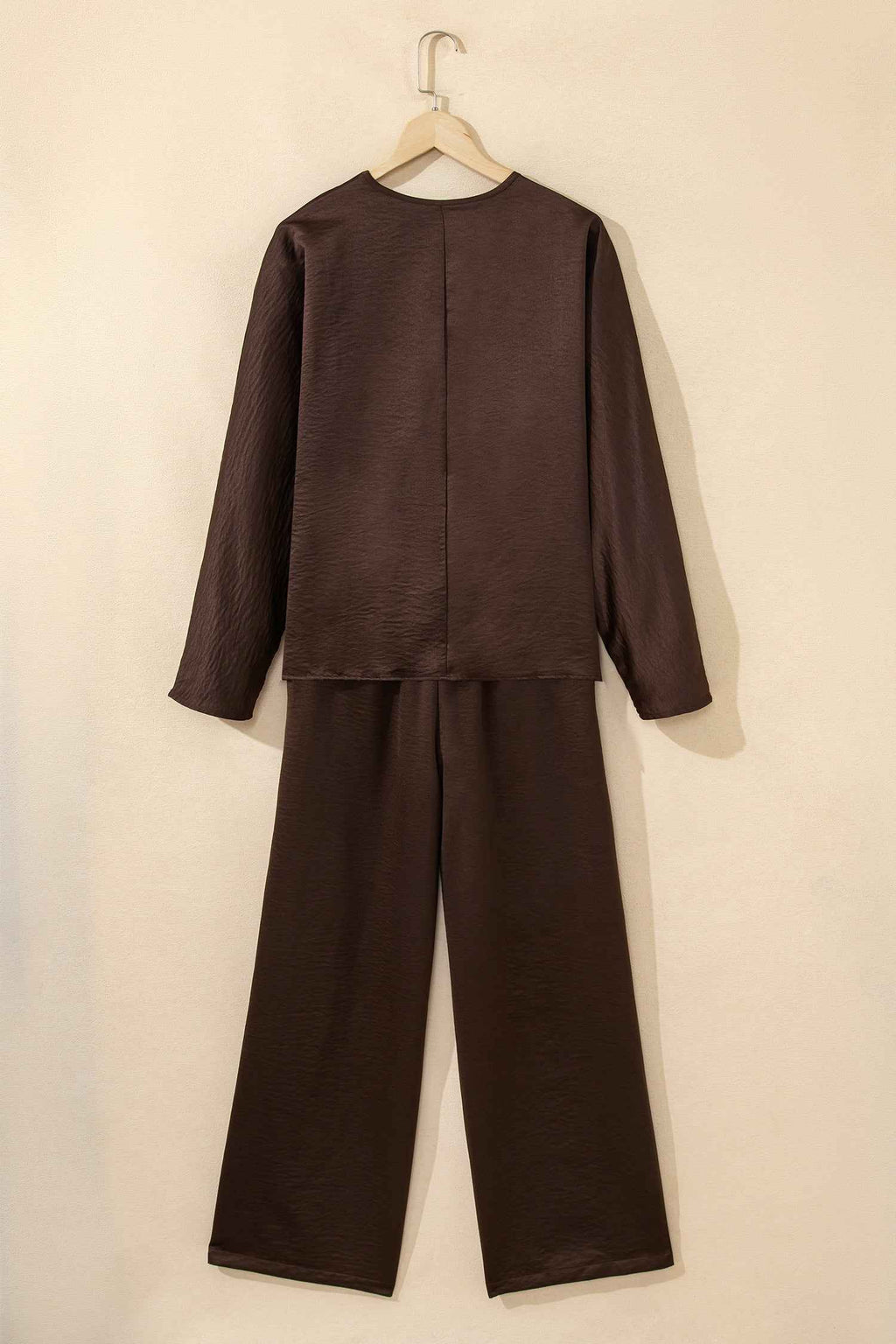 Dark Brown Braided V Neck Long Sleeve Loose Top and Drawstring High Waist Pants 2pcs Outfit f17a4b0eb6ed9136