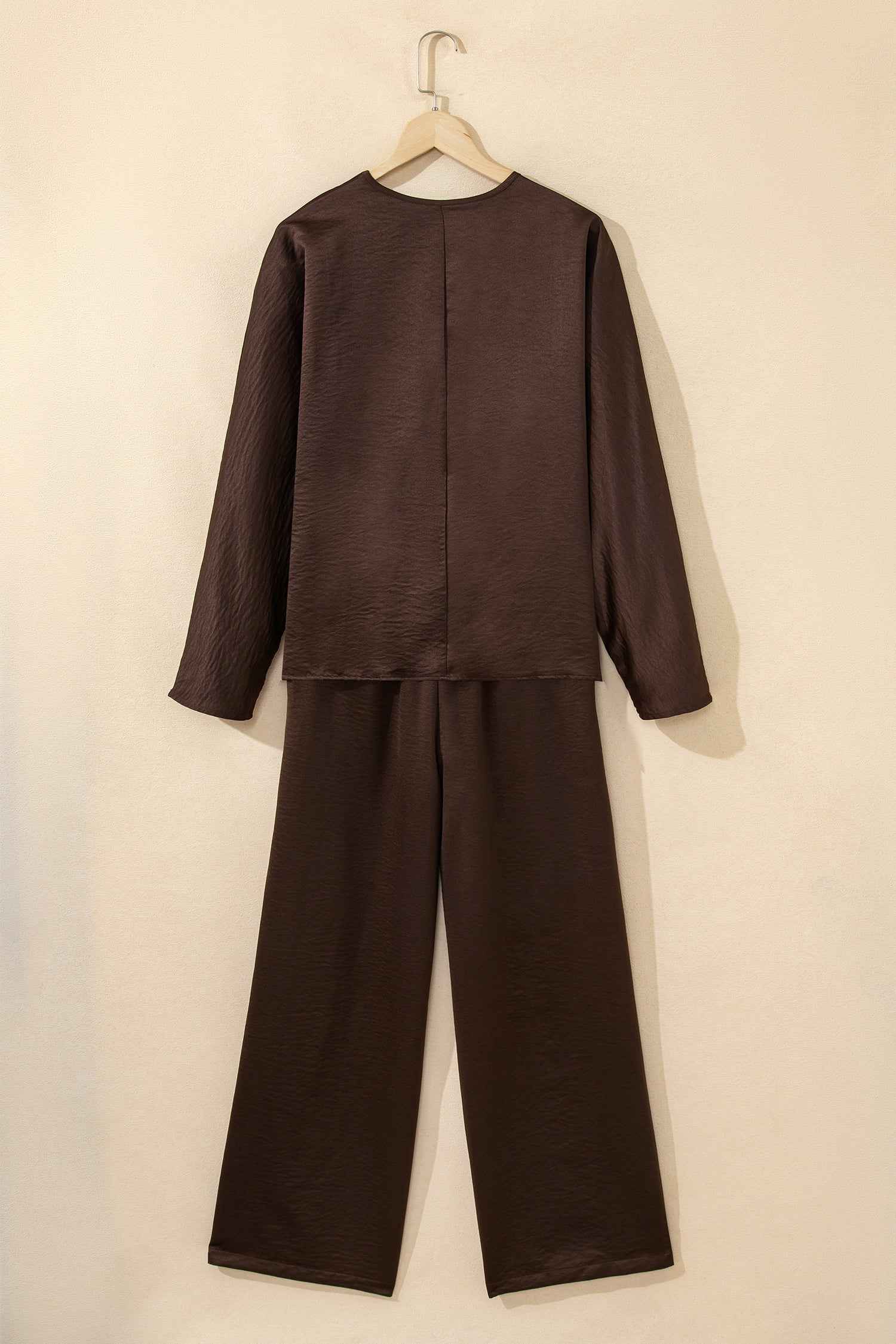 Dark Brown Braided V Neck Long Sleeve Loose Top and Drawstring High Waist Pants 2pcs Outfit f17a4b0eb6ed9136