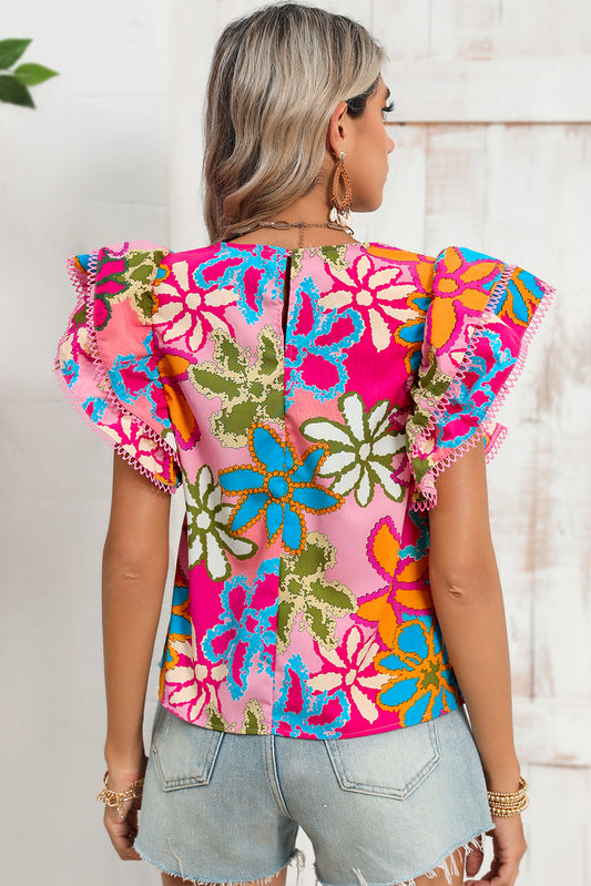 Multicolor Floral Print Boho Top Tiered Ruffle Sleeve Blouse f17afcac28ba2e37