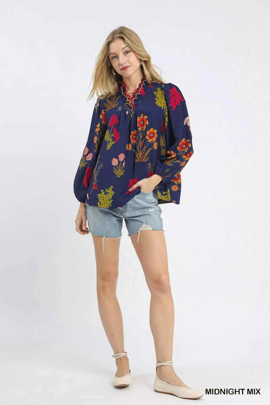 Flower Print Blouse with Scalloped Neckline f17cd63a-643e-4116-b801-c87f758ba256-Max-Origin