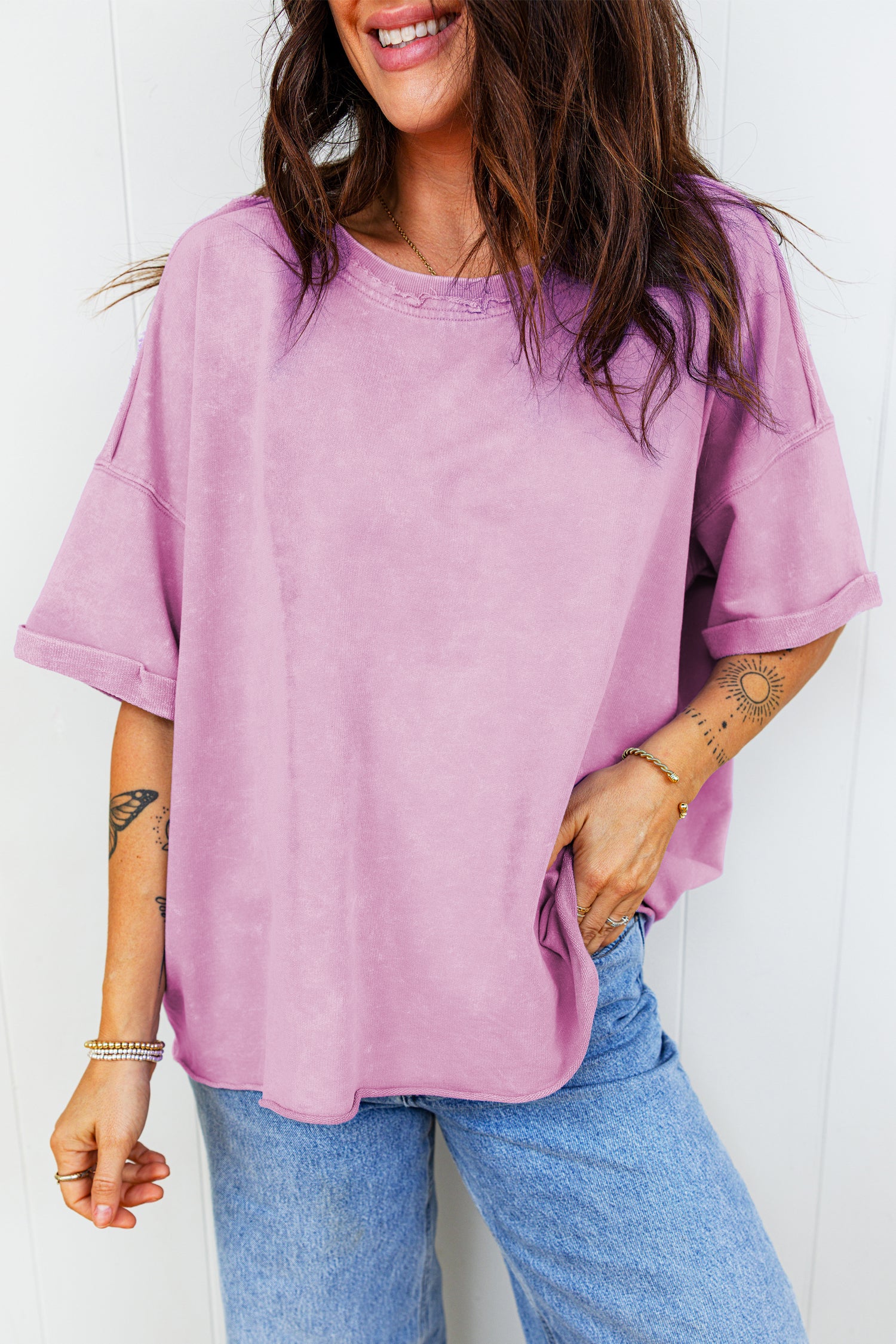 Lavendula Mineral Wash Drop Shoulder Raw Edge Loose Tee Lavendula 100%Cotton f17fee0bf6e0a7e3